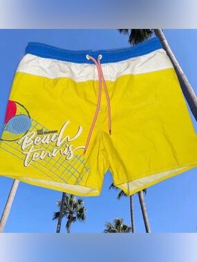 Diesel Yellow Swim Shorts with White Waistband and Pink Drawcord